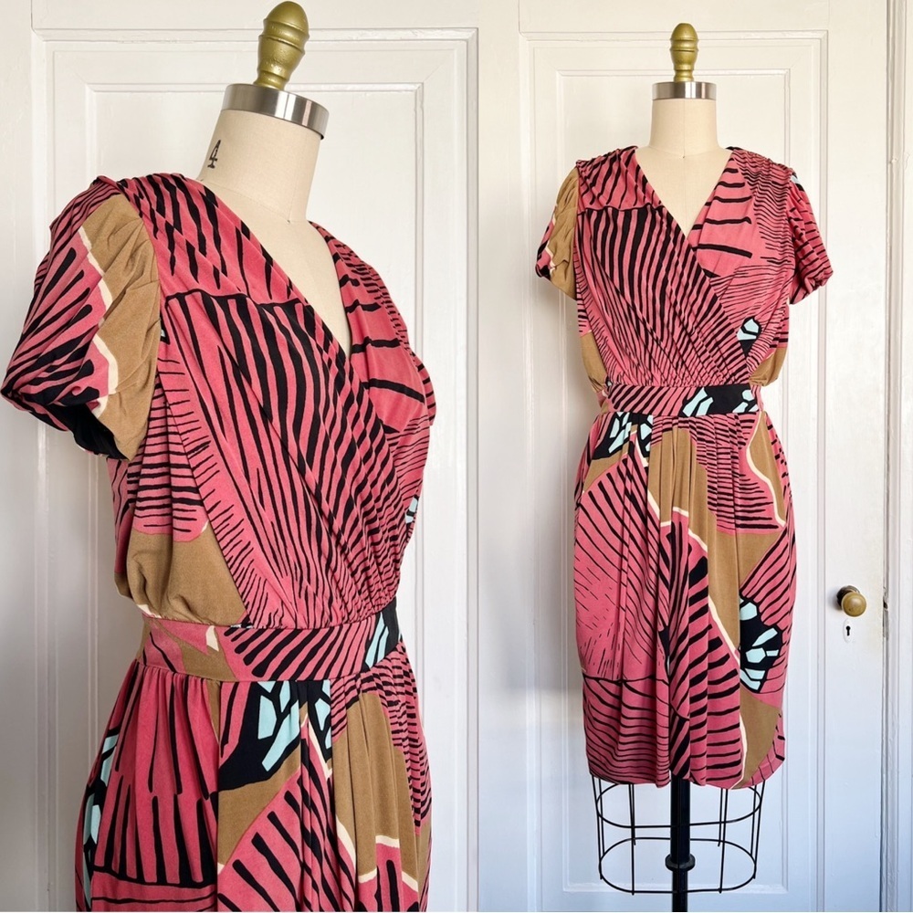 Tibi • Faux Wrap Jersey Dress red graphic tropical print draped knit cocktail